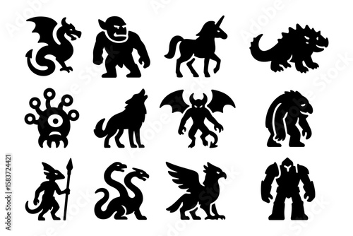 Mythical creatures silhouettes: dragons, unicorns, and more fantasy icons