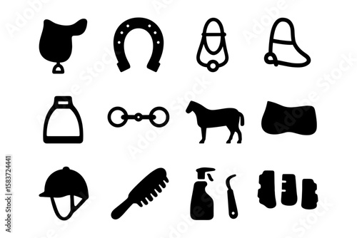 Equestrian equipment icons collection: silhouette set for riding enthusiasts
