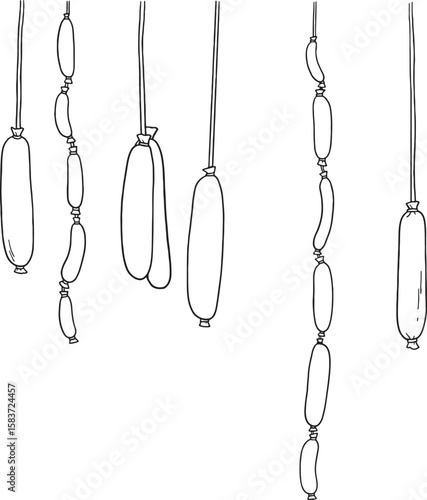 Hand-drawn vector illustration set of various sausages hanging. Perfect for butcher shop designs, deli menus, or any food-related projects needing a rustic or traditional feel.