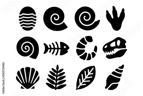 Black silhouette icons of fossils and nature elements in simple style
