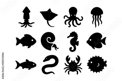Silhouette icons of diverse marine animals perfect for design projects