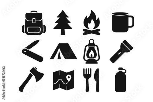 Camping essentials silhouette set: gear icons for outdoor adventures