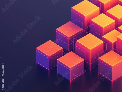 Glowing orange and purple cubic shapes arranged in a dynamic, futuristic pattern on a dark background.