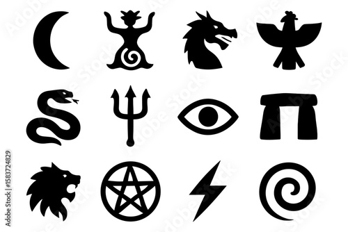 Mystical symbols collection: moon, mythical creatures, and ancient icons in bold black silhouette