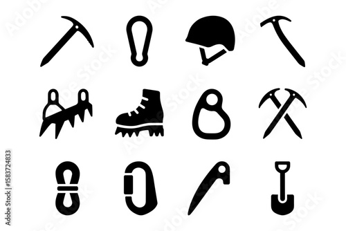 Climbing gear icons: essential equipment in bold silhouettes