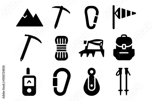 Adventure gear icons set: essential silhouettes for climbing and hiking enthusiasts