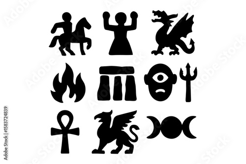 Mythical icon set: silhouette symbols of fantasy and mythology