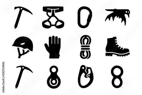 Mountaineering gear icons set: essentials for climbing adventures in bold silhouette design