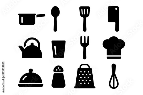 Silhouette kitchen utensils set: essential cooking tools in bold black