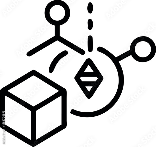 Cube connecting with abstract figures shows complex system in black outline is transparent