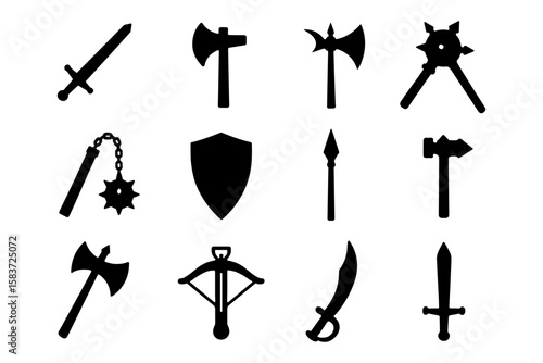 Medieval weaponry icons set: swords, axes, maces, shields, and more in black silhouette