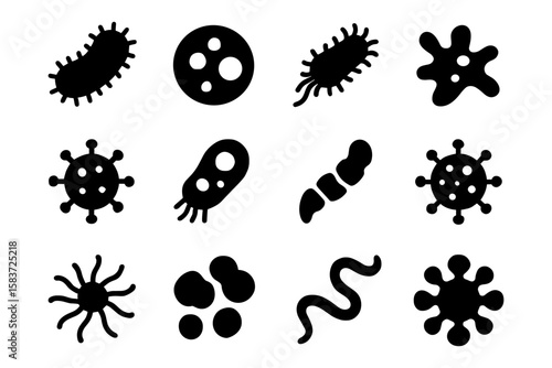 Abstract microorganism silhouettes set in simple black flat style