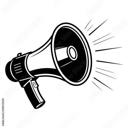 Megaphone's Loudspeaker in Black and White: Capturing a visual of communication, featuring a bold monochrome graphic of a megaphone emitting sound waves, perfect for designs related to announcements.