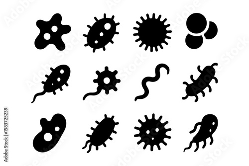 Silhouette collection of microbial shapes: bacteria and viruses icons