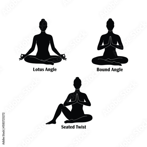 Yoga Poses Lotus Bound Angle and Seated Twist Silhouettes