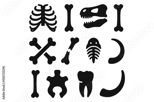 Silhouette dinosaur skeleton icons: prehistoric bone and fossil symbols