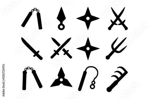 Silhouette martial arts weapons set featuring nunchaku, throwing stars, and swords