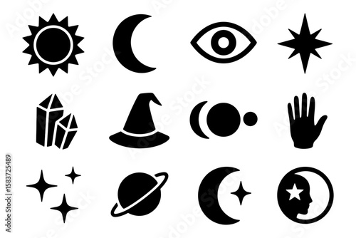 Mystical silhouette icons: sun, moon, stars, and magical symbols collection