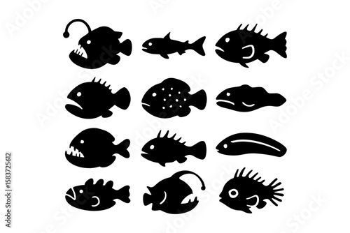 Silhouette collection of deep sea fish on white background