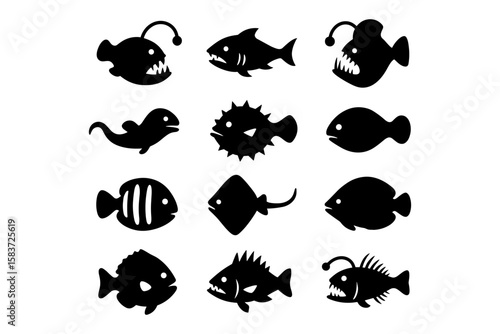 Silhouette deep sea fish collection featuring unique predatory species