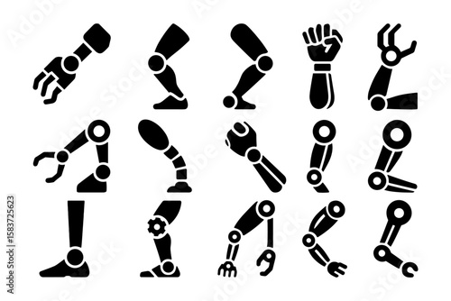 Silhouette robotic arms and legs icons set for innovation and technology design