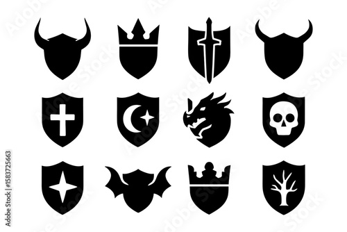 Silhouette icons of emblems and shields with mythical and medieval elements