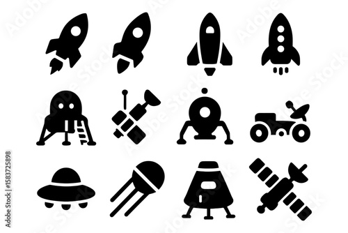 Silhouette of spacecraft and exploration icons featuring rockets and satellites