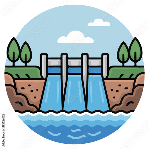 Flat Style Hydroelectric Dam with Flowing Water Illustration