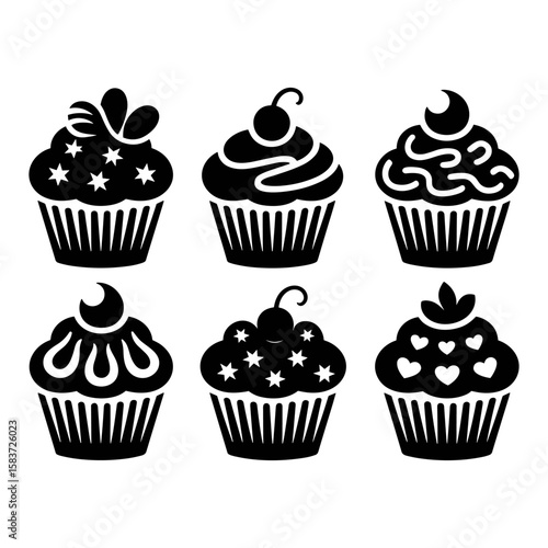 Cupcake Collection: A delightful assortment of stylized cupcakes, showcasing the versatility of sweetness in a striking monochrome palette. Perfect for any culinary design!
