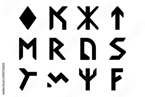 Ancient runes collection with mysterious symbols in black silhouette style