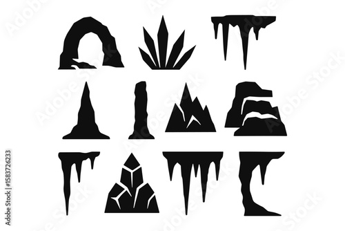 Silhouette icons of natural cave forms and rock structures
