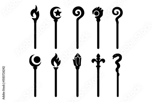 Magic wand collection: fantasy silhouette designs of enchanted staffs for mystical adventures