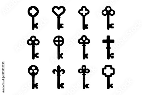 Collection of black vintage silhouette keys with unique design variations