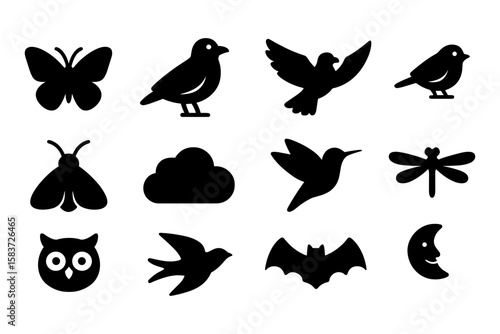 Silhouette collection of birds, insects, and nature elements for design projects
