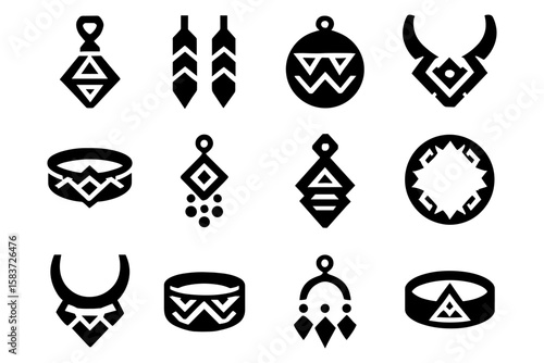 Bold geometric tribal jewelry icons collection for fashion design projects