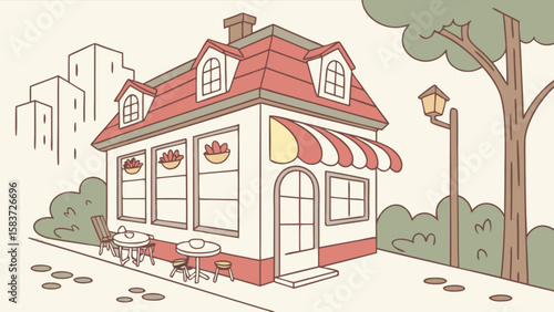 Cute cafe shop building illustration with outdoor seating and awning in a city street view design