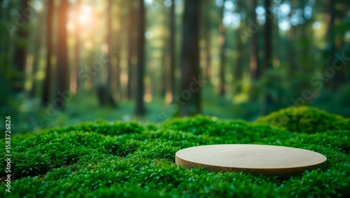 Wooden display platform on lush green moss in a sunlit forest