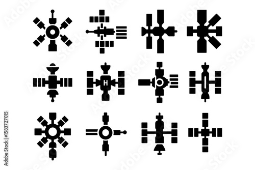 Set of twelve space station silhouettes in black and white for futuristic design