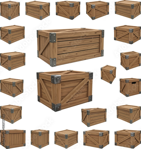 Collection of various wooden crates and boxes from different angles