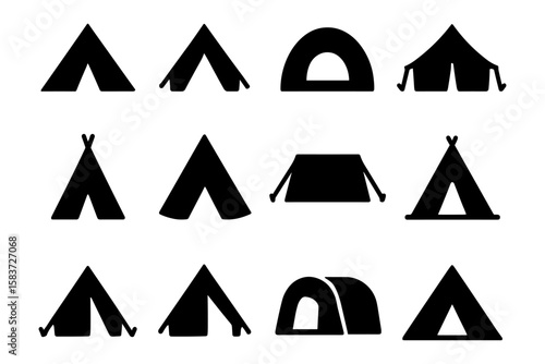 Collection of camping tent silhouettes in various shapes and styles
