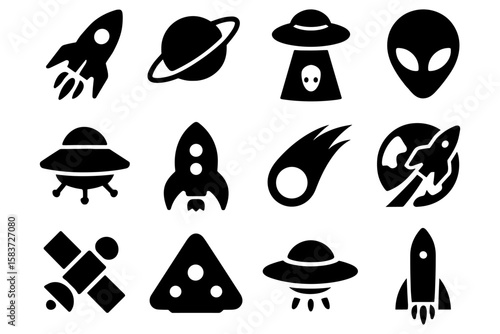 Bold space icons featuring rockets, ufos, and aliens in silhouette style