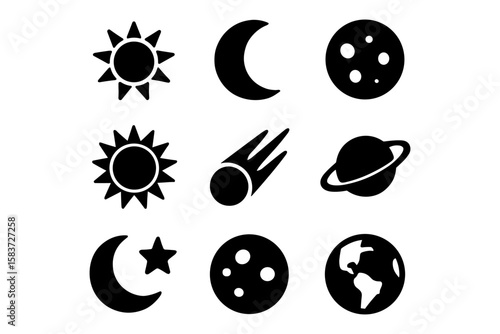 Minimalistic celestial icons set featuring sun, moon, planets, and celestial bodies