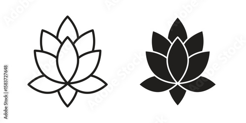 Lotus flower icons designed in filled, outline, line and stroke style