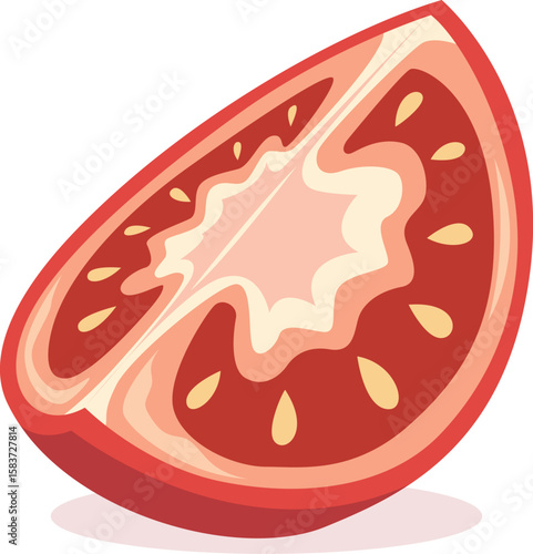 A vibrant, stylized illustration of a single, juicy tomato wedge cut to reveal its fleshy interior and seeds.