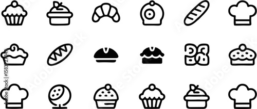 Delicious Bakery Items Vector Icon Set with bread, cake, croissant, donut, rolling pin, whisk, oven, and cupcake—perfect for cafes, menus, packaging, and recipes.

