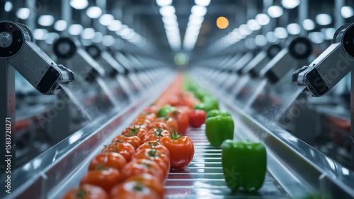 Automated food processing line with fresh tomatoes and peppers