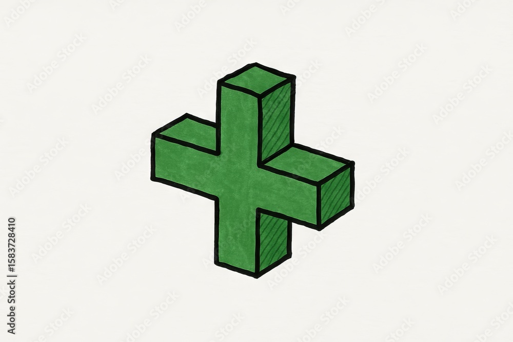 Fototapeta premium Green plus symbol in hand-drawn illustration on white background. concept of geometric shape, creative design, minimalist art
