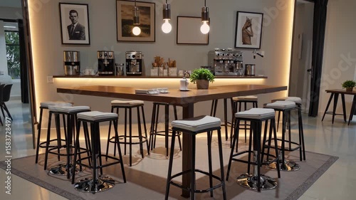 Office Break Room Design: A modern break room, illuminated with warm lighting. Featuring a communal table surrounded by stools, a coffee station, and artwork.
