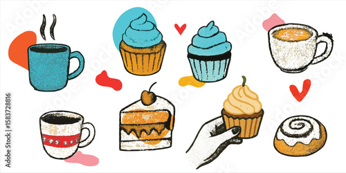 Trendy Halftone Coffee and Cupcake Clipart, Vintage Doodle Style Vector Set with Cakes, Cinnamon Rolls, and Mugs on Transparent Background