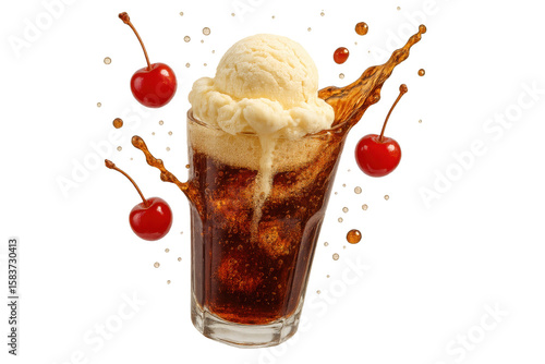 Root beer float with cherries isolated on a transparent background, refreshing.